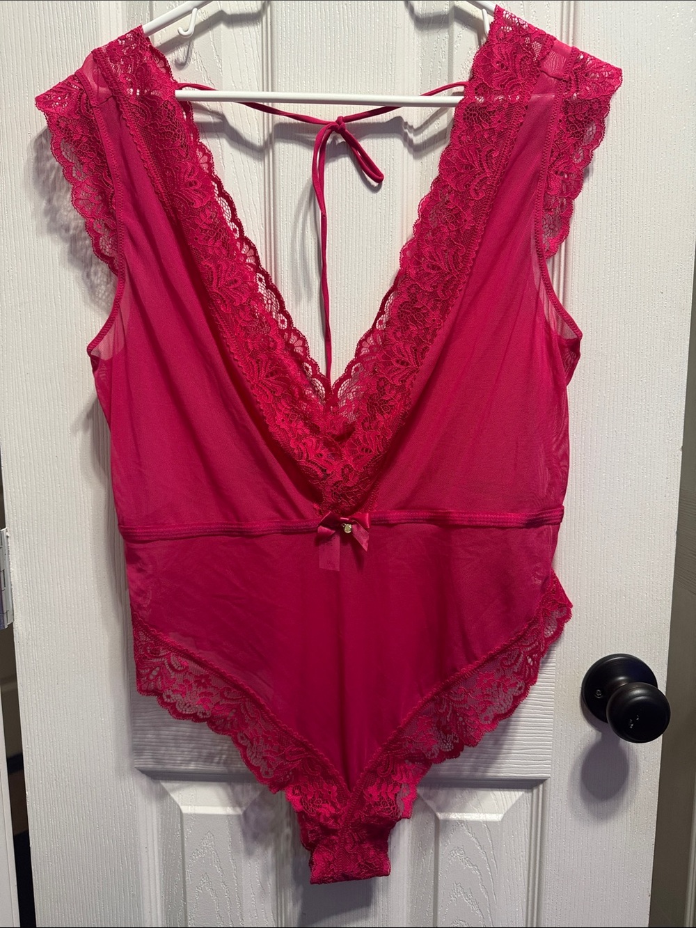 Adore Me Hot Pink Lace-Trim Deep V Chemise Bodysuit